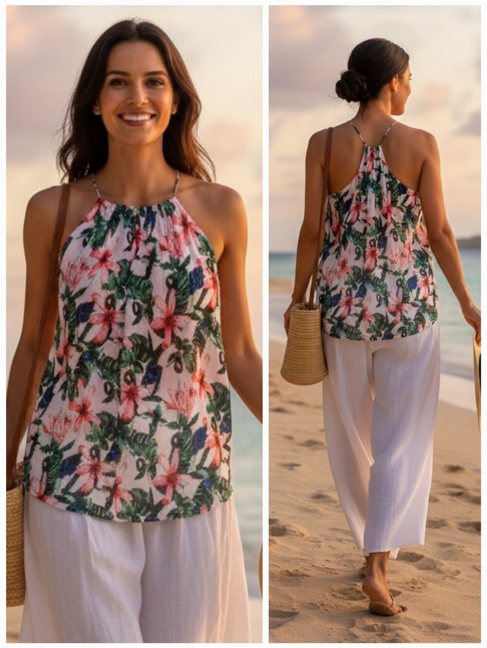 Vince Camuto XS Resortwear Island Neon Tropical Leaf Floral High Neck Camisole